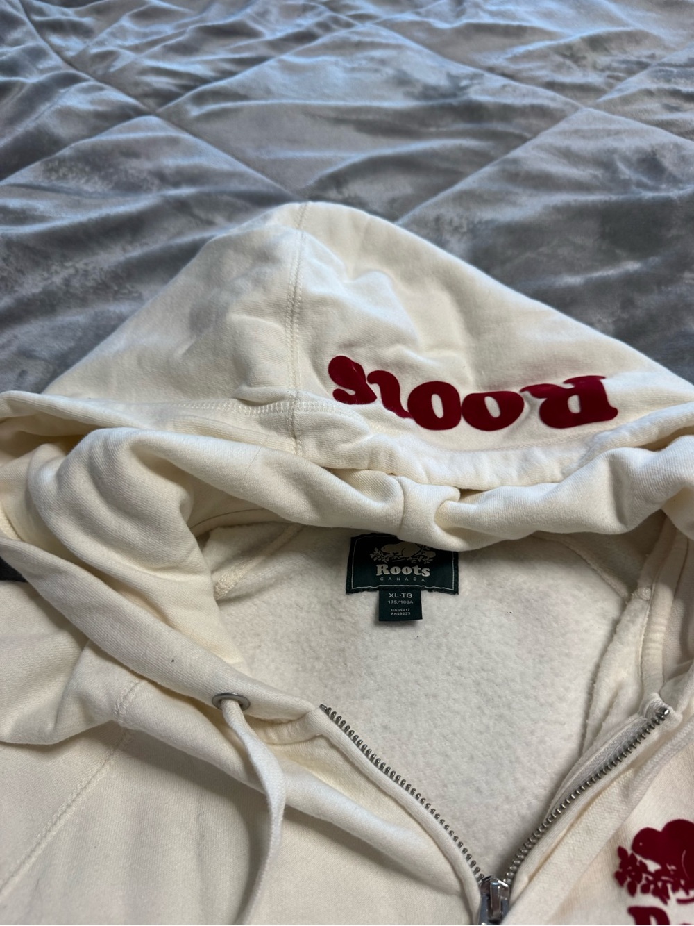 Roots Cream Hoodie with Red Logo on Hood